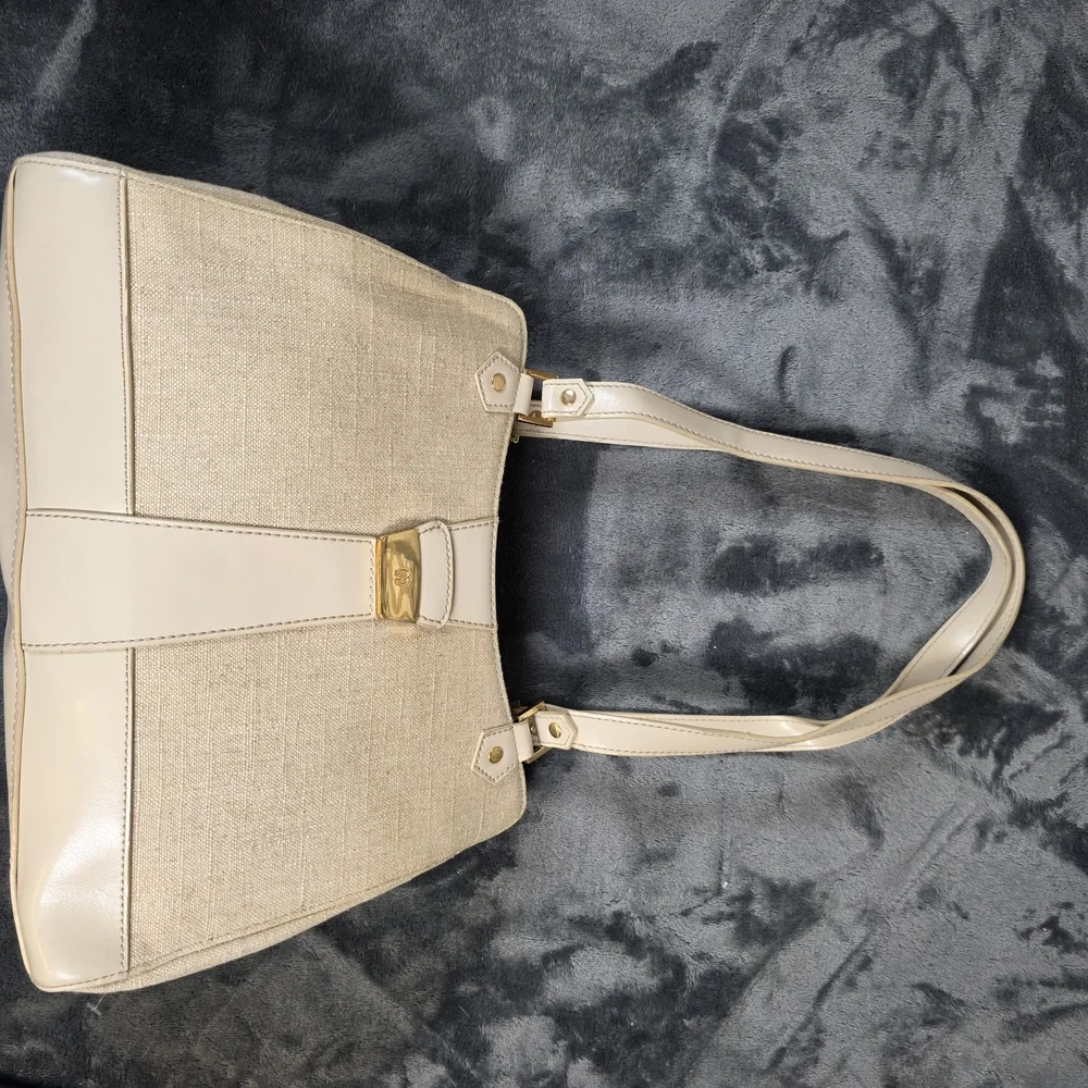 Etienne Aigner Cream and Tan Linen Shoulder Bag.